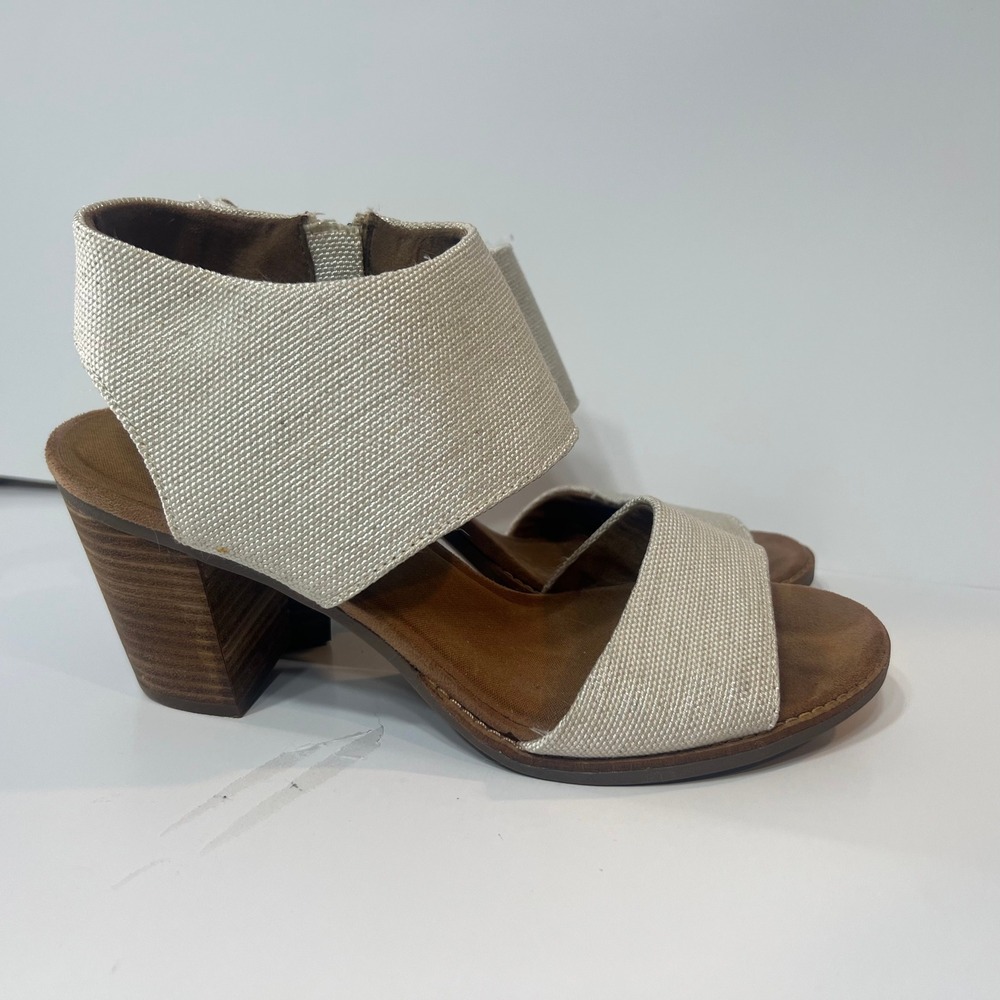 TOMS Majorca Cream Canvas 3" Block Heel Cut-Out Sandals Booties Size 9 - Picture 4 of 6